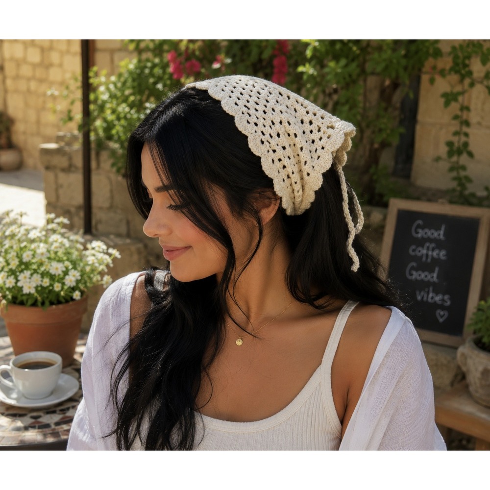 Handmade Crochet Hair Bandana Cream Scalloped Edge Boho Head Kerchief Tie Back